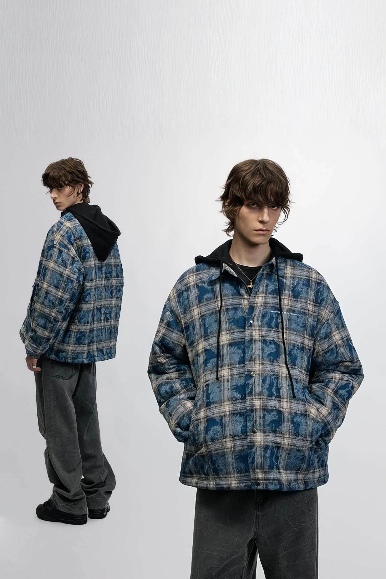 American Streetwear Hip-Hop Plaid Hoodie Jacket – Removable Hood, Cotton Lined