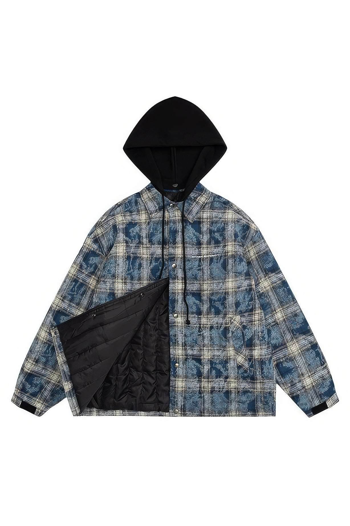 American Streetwear Hip-Hop Plaid Hoodie Jacket – Removable Hood, Cotton Lined